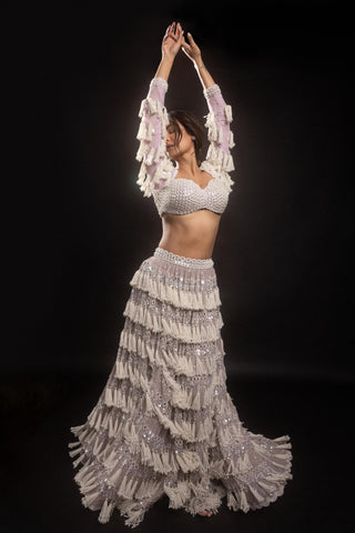 Lehenga for Indian Bridal Wear – Pink Piroi Chandelier Pearl Drop Full Sleeve by Vvani By Vani Vats