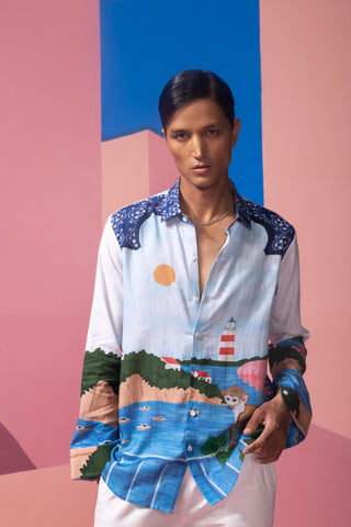 Blue the monkey gate postcard full sleeve shirt