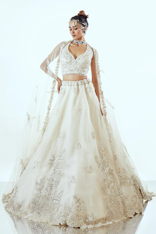 Ivory Lehenga Set for Indian Wedding - daffodil Cape Style by Pallavi Poddar