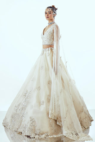 Ivory Lehenga Set for Indian Wedding - daffodil Cape Style by Pallavi Poddar