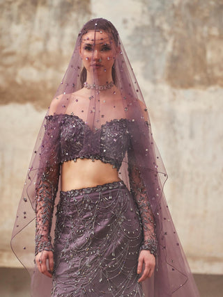 Purple blouse and mermaid skirt set with veil