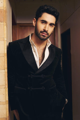 Black velvet peak lapel double breasted knot closure tuxedo set