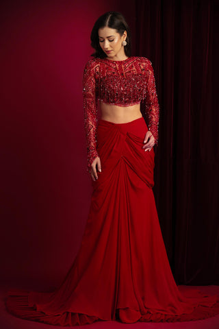 Lehenga Set for Indian Weddings – Red Kaira Mermaid by Aayushi Maniar