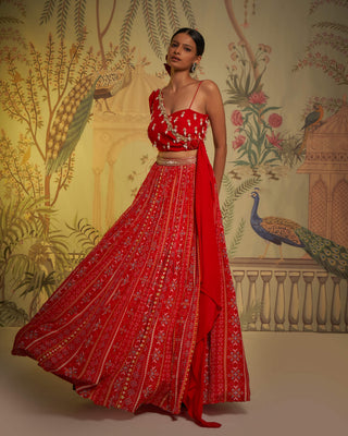 Scarlet draped blouse and lehenga