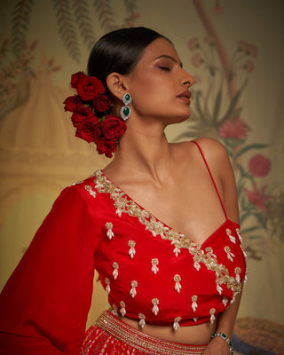 Scarlet draped blouse and lehenga