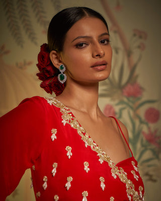 Scarlet draped blouse and lehenga