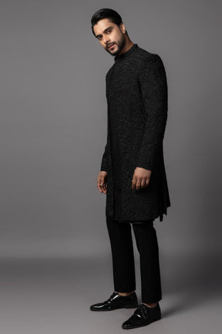 Black foral double panel dp achkan kurta set