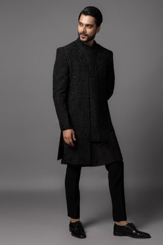 Black foral double panel dp achkan kurta set