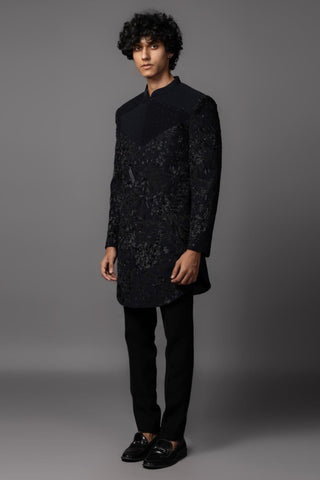 Navy blue bird cove peony embroidered achkan set