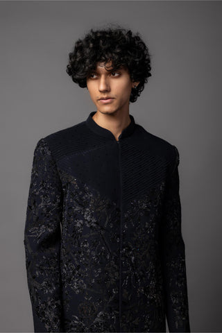 Navy blue bird cove peony embroidered achkan set
