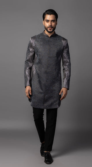 Deep llano gray embroidered achkan set