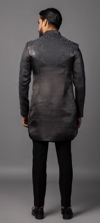Deep llano gray embroidered achkan set