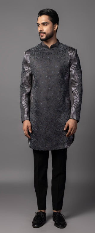 Deep llano gray embroidered achkan set