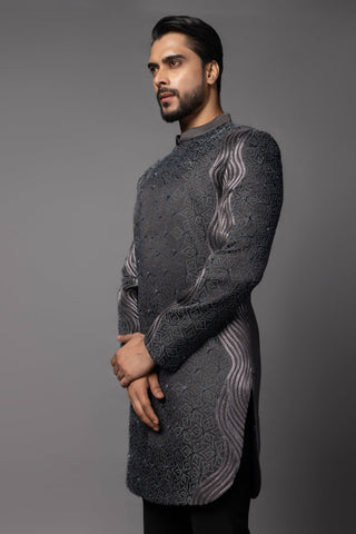 Deep llano gray embroidered achkan set