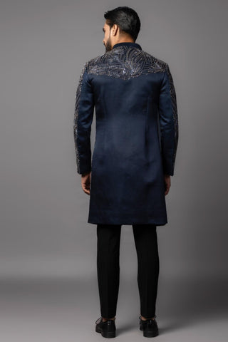 Navy blue dillusion embroidered with antique gray achkhan set