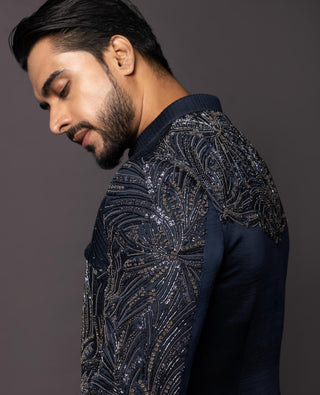 Navy blue dillusion embroidered with antique gray achkhan set