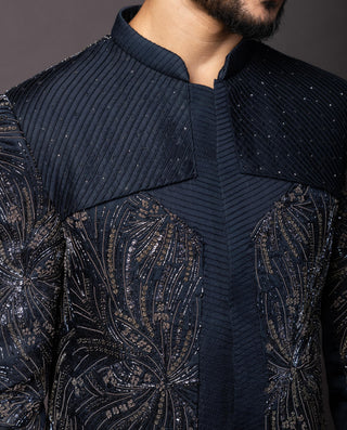 Navy blue dillusion embroidered with antique gray achkhan set