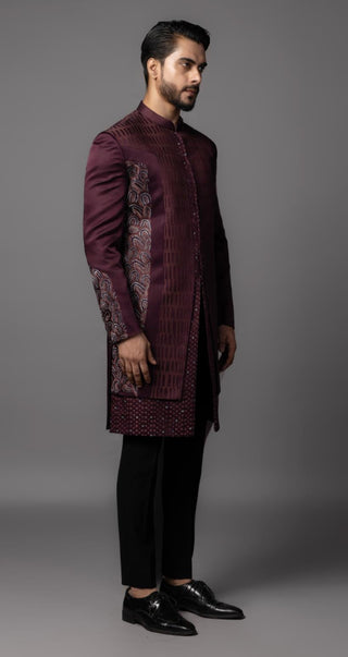 Wine colored pandane double panelled achkan set