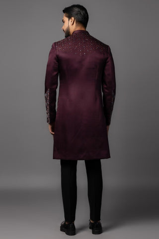 Wine colored pandane double panelled achkan set