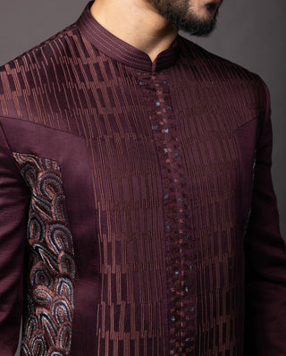Wine colored pandane double panelled achkan set