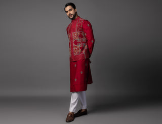 Red kasuti square nehru jacket with kurta and pajama