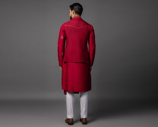 Red kasuti square nehru jacket with kurta and pajama
