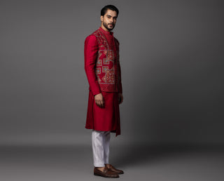 Red kasuti square nehru jacket with kurta and pajama