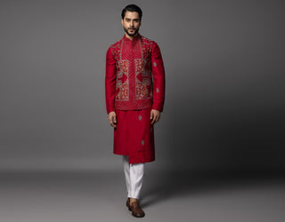 Red kasuti square nehru jacket with kurta and pajama