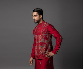 Red kasuti square nehru jacket with kurta and pajama