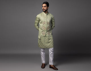 Green kasuti maple leaf nehru jacket with kurta and pajama