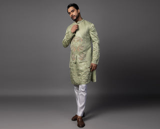 Green kasuti maple leaf nehru jacket with kurta and pajama