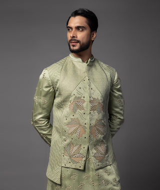 Green kasuti maple leaf nehru jacket with kurta and pajama