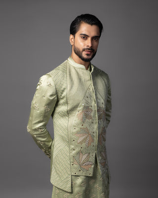 Green kasuti maple leaf nehru jacket with kurta and pajama