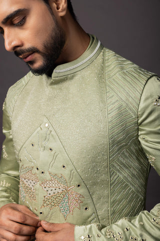 Green kasuti maple leaf nehru jacket with kurta and pajama