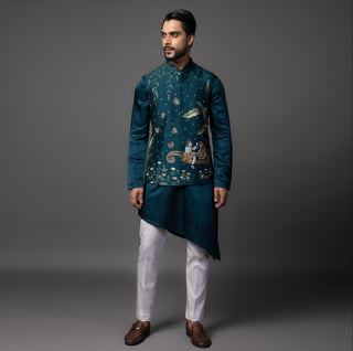 Blue shiv parvati milan nehru jacket with kurta and pajama
