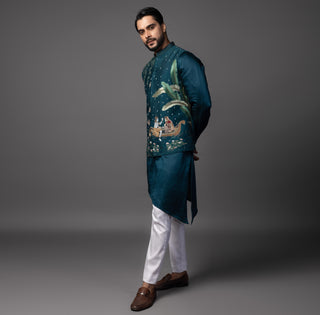 Blue shiv parvati milan nehru jacket with kurta and pajama