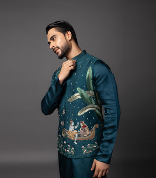 Blue shiv parvati milan nehru jacket with kurta and pajama