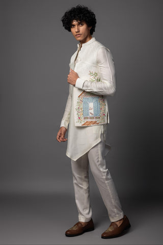 White the bird house nehru jacket with kurta and pajama