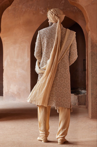 Yellow tarana geometric resham sherwani set by Nitika Gujral at Mrs. G