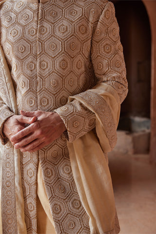 Yellow tarana geometric resham sherwani set by Nitika Gujral at Mrs. G