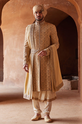 Gold tarana tonal resham sherwani set by Nitika Gujral at Mrs. G