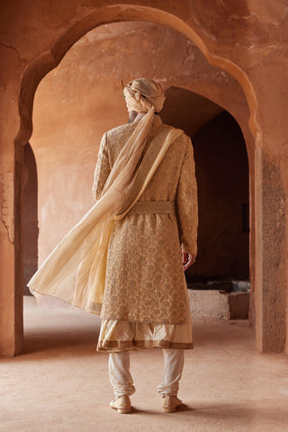 Gold tarana tonal resham sherwani set by Nitika Gujral at Mrs. G