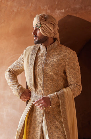Gold tarana tonal resham sherwani set by Nitika Gujral at Mrs. G