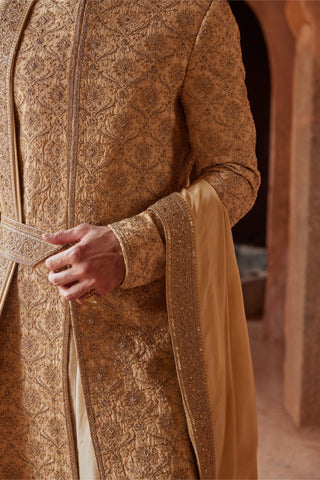 Gold tarana tonal resham sherwani set by Nitika Gujral at Mrs. G