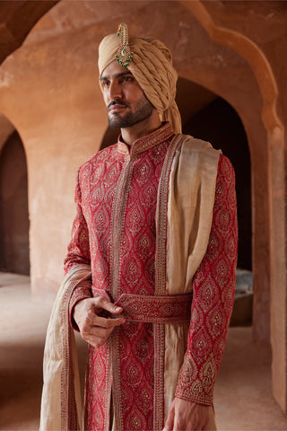 Red tarana antique kasab sherwani set by Nitika Gujral at Mrs. G