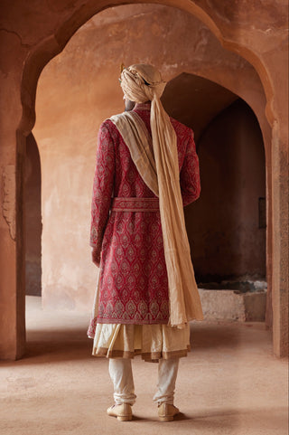 Red tarana antique kasab sherwani set by Nitika Gujral at Mrs. G