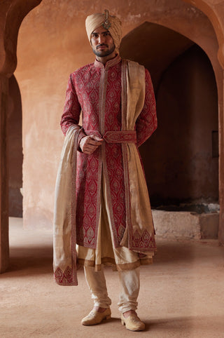 Red tarana antique kasab sherwani set by Nitika Gujral at Mrs. G