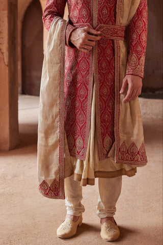 Red tarana antique kasab sherwani set by Nitika Gujral at Mrs. G