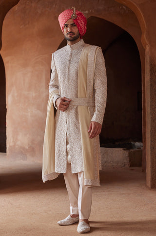 Ivory tarana rose gold pita sherwani set by Nitika Gujral at Mrs. G