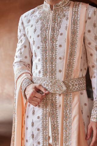 Pink tarana light gold dabka sherwani set by Nitika Gujral at Mrs. G